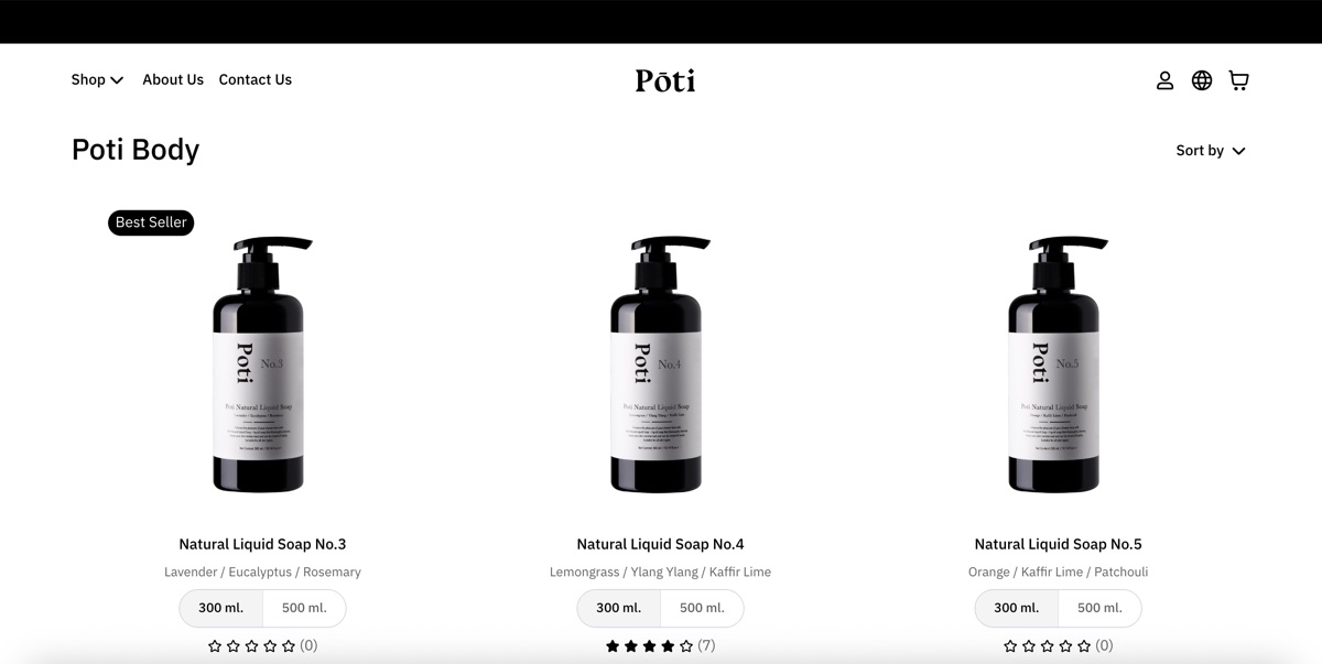 Product listing page of the Poti Natural Care website